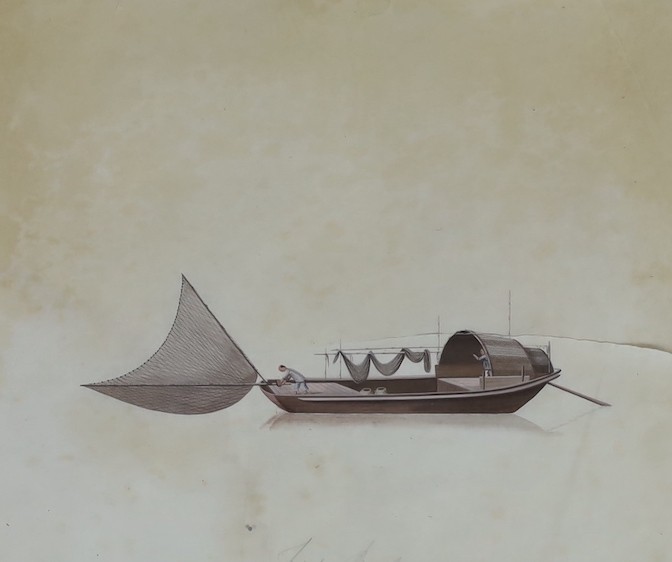 19th century Chinese School, nine gouaches on pith paper, Studies of water-going vessels, inscribed in Chinese and titled in English, giving the names and uses of the various vessels, 29 x 34cm